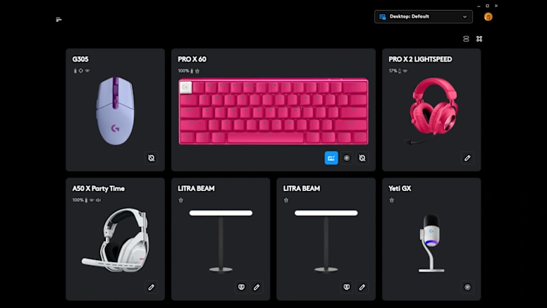 G HUB connected device dashboard showing keyboard, mouse, headset and microphone