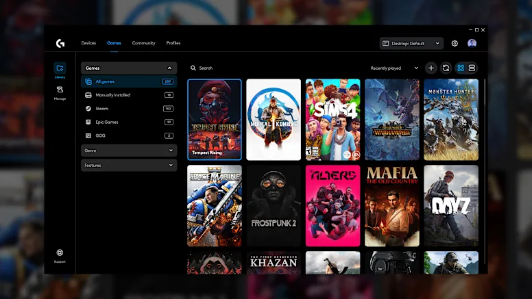 G HUB personal games library with installed game covers