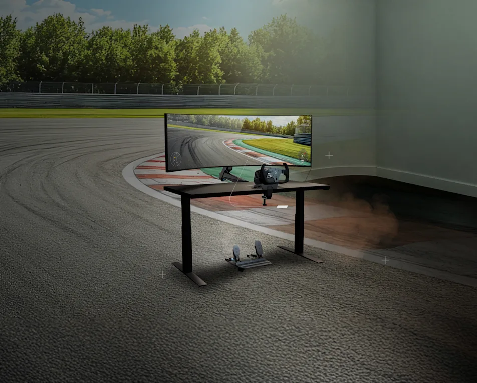 Sim racing wheel and pedal setup mounted on a desk