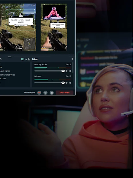 Streamlabs control panel beside a live streamer